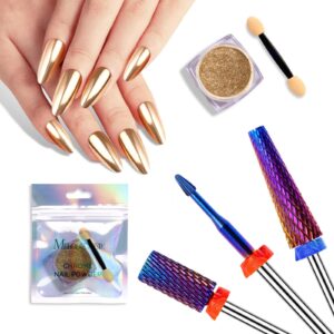 MelodySusie Champagne Gold Chrome Nail Powder for Gel Nails with 3Pcs Nail Drill Bits Set> Super Long 5 in 1> Flat Top Large Barrel and Cuticle Bits