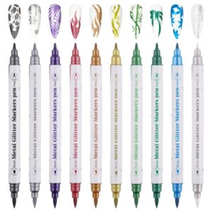 10 Color Metal Giltter 3D Nail Art Pens Set>Kalolary Double-ended Nail Point Graffiti Dotting Pen Drawing Painting Liner Brush for DIY Nail Art Beauty Adorn Manicure Tools(G)
