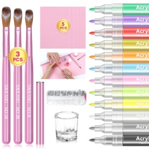 Saviland 12 Colors Nail Art Pens Set – 3D Nail Polish Pens Graffiti Nail Dotting Tools with 3PCS Acrylic Nail Brush Set Size 14 10 6