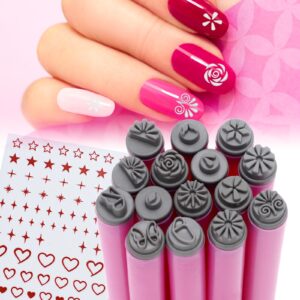 Nail Art Stamp Pen Set – 15pcs Professional Nail Stamping Kit with Floral Patterns>Silicone Tools for DIY Nail Art Designs for Beginners Women Girls (15Pcs Set)
