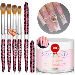 Saviland Pink Acrylic Powder – 30g Professional Colored Acrylic Nail Powder and 4PCS Acrylic Nail Brush Set Size 8/10/12/14 Kolinsky Acrylic Nail Brushes