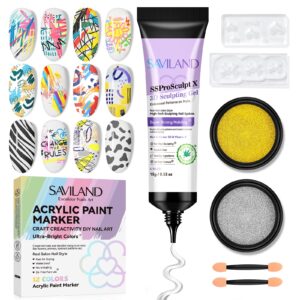 SAVILAND Gel Nail Art Kit: 12 Colors Quick Drying Nail Polish Pens with Metallic Silver Gold Chrome Nail Powder & 15g No Wipe Clear 3D Nail Gel Sculpting Gel for Nail Art Design
