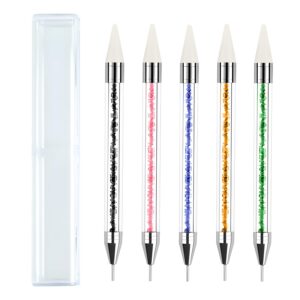 5PCS Rhinestone Picker Dotting Tool, Dual-Ended Rhinestone Applicator Tool Wax Pen Pencil for Nail Art Gemstones Crystals DIY Nail Art Crafts Nail Art Set (Black Pink Blue Yellow Green)