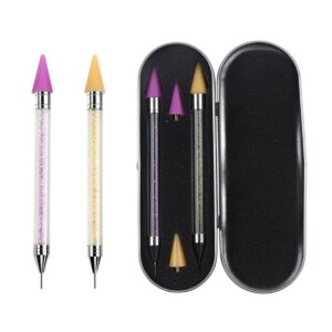 ZXUY Dual Ended Nail Rhinestones Picker Dotting Tools with 2 Extra Wax Head Nail Art Design Dotting Pen,DIY Nail Art Decoration Wax Tip Pencil for Gems Crystals Studs Beads (Purple+Yellow)
