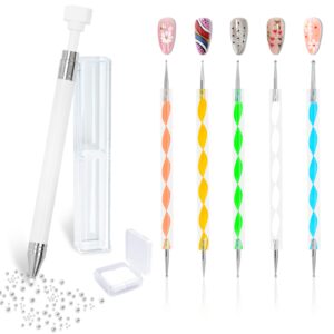 Ruetail Wax Pencil for Rhinestones>Gem Picker Tool>Diamond Art Pen with 5Pcs Dual-ended Nail Dotting Tool>Rhinestones Applicator for Crystal Beads Manicure Nail Art DIY Decoration Tool (White)