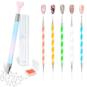 Ruetail Wax Pencil for Rhinestones, Gem Picker Tool with 6 Extra Wax Tips and 5Pcs Dual-ended Nail Dotting Tool, Rhinestones Applicator for Crystal Beads Manicure Nail Art DIY Decoration Tool (Blue)