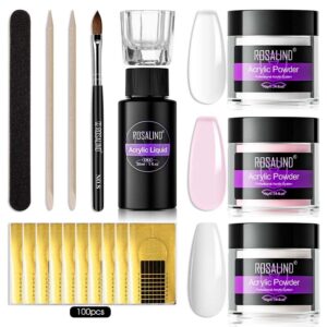 Pink Opal Clear Acrylic Powder Set ROSALIND> 3 * 10g/0.34oz Clear Acrylic Nail Powder for Nail Acrylic Extension> Polymer Nail Powder Acrylic White Pink Nail Caving Arcylic Powder 3 Colors Kit with Acrylic Liquid Acrylic Nail Brush Nail Forms and DIY Nail Art Tools