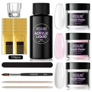 ROSALIND Opal Clear Acrylic Pink Powder Set> 3pcs * 10g/0.34oz Clear Acrylic Nail Powder for Nail Acrylic Extension> Polymer Nail Powder Acrylic White Pink Nail Caving Arcylic Powder Clear Pink Colors Kit with Acrylic Liquid Acrylic Nail Brush Nail Forms and DIY Nail Art Tools