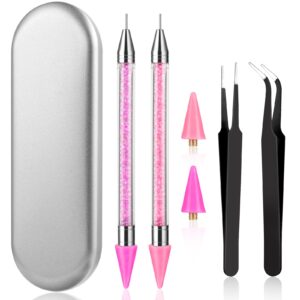Prasacco Rhinestone Picker Tool Set, 2 Pcs Rhinestones Diamond Dotting Pen with 2 Wax Tip and 2 Nail Art Tweezer Dual-Ended Rhinestones Pen for Nail Gems Crystals DIY Nail Art Crafts(Pink+Purple)