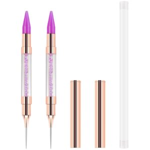 2 Pcs Dual End Nail Rhinestone Picker Dotting Wax Pen, Wax Tip Rhinestone Pen Tool, Dual Tips Pick Up Applicator DIY Nail Dotting Pen for Gems, Crystals, Nail Accessories for Manicure (Purple)
