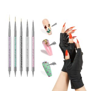 Makartt Nail Art Brushes Set 5PCS Double-End Nail Design Brushes Dotting Pen Bundle With UV Gloves for Nail Lamp Gel Curing, UPF50+ UV Protection Gloves for Manicures Dryer