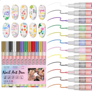 IONSGAKO Nail Art Pens Set 3D Nail Polish Pens Acrylic Paint Nail Drawing Liner Graffiti Dotting Nail Art Pen Kit Tools for Professional Nail Art Design(12 Colors)