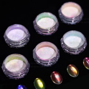 Vettsy Mermaid Ice Transparent Aurora Chrome Nail Powder> 6 Colors Transparent Iridescent Shimmer Pigment Pearlescent Nail Art Glitters
