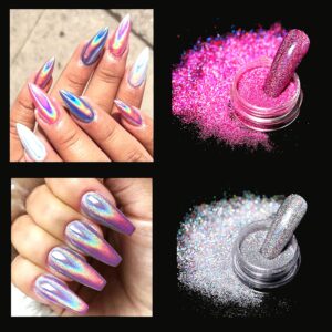 Holographic Nail Powder Fine Unicorn Mirror Laser Effect Multi Chrome Manicure Pigment Glitter Dust for Salon Home Nail Art DIY Deco 6 Boxes