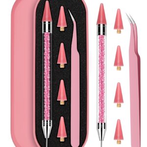 Rolybag Rhinestone Picker Tool, Rhinestone Applicator Tool Dotting Wax Pen Dual-Ended with 4 PCS Replaceable Wax Tips and 1 Tweezers for DIY Nail Art Tool (Pink)