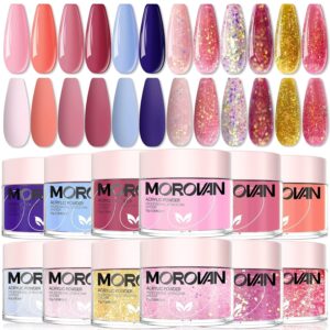 Morovan Acrylic Powder Set – 12 Colors Acrylic Nail Powder Pure Color Glitter Professional Polymer Colored Acrylic Nail Powder for Acrylic Nail Extension Carving