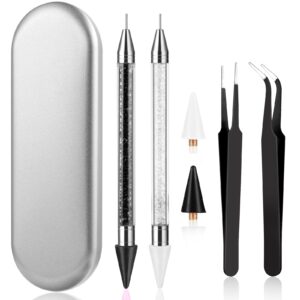 Prasacco Rhinestone Picker Tool Set, 2 Pcs Rhinestones Diamond Dotting Pen with 2 Wax Tip and 2 Nail Art Tweezer Dual-Ended Rhinestones Pen for Nail Gems Crystals DIY Nail Art Crafts(White+Black)