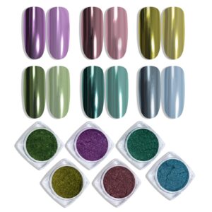 ADHERE Mirror Chrome Nail Powder Set – Metallic Holographic Chrome Nail Powder Purple Green Blue Gold Nail Chrome Powder for Gel Nails Manicure Nail Art Decoration Glitter> 6 Colors 1g