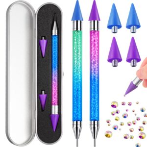 Tatuo 2 Pieces Nail Rhinestone Picker Dual Ended Wax Pen for Rhinestones Dotting Gems Crystals Studs Picker Crystal Beads Handle Manicure Nail Art DIY Making Tool(Gradient Blue Purple)