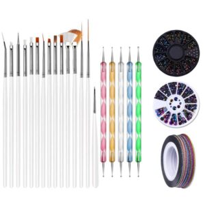 LILYCUTE Nail Art Design Set 15Pcs Painting Brushes 5 Pcs Double Ended Dotting Tool 2 Boxes Nail Art Rhinestone Decorations 13 Rolls Matte Glitter Nail Striping Tape Line Multi-color Adhesive Sticker