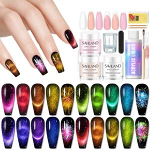 Saviland Acrylic Nail Kit French Sculpture Set 12 Colors Crystal Cat Eye Gel Nail Polish Set Glitter Spring Summer Shiny Dreamy Series