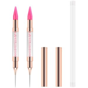 2 Pcs Dual End Nail Rhinestone Picker Dotting Wax Pen, Wax Tip Rhinestone Pen Tool, Dual Tips Pick Up Applicator DIY Nail Dotting Pen for Gems, Crystals, Nail Accessories for Manicure (Pink)