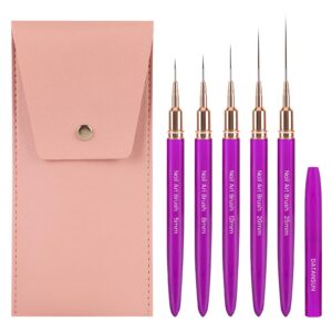 5PCS Nail Art Brushes Set with Pink Leather Case，【Metallic Material】 【Various Size】 【Light Weight】Nail Brush， Nail Brushes for Nail Art，Size：5mm,8mm,12mm,20mm,25mm>Purple