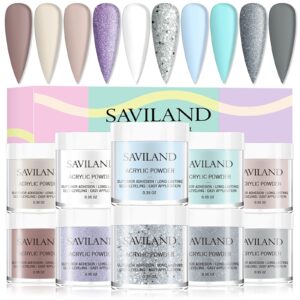 Saviland Acrylic Powder Set> 10 Colors Acrylic Powder for Nails Glitter Silver White Professional Polymer Colored Acrylic Nail Powder for Nails Extension & Nail Carving