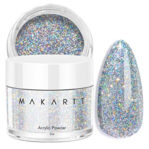 Makartt Acrylic Powder 2Oz silver Glitter Acrylic Nail Powder DIY Nail Art For Beginner Acrylic Nail Powder For Nail Extension Carving Salon DIY At Home No Nail Lamp Needed Color Moonlit Glitz