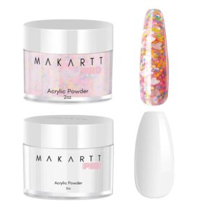 Makartt Pre Mixed Glitter Acrylic Powder Bundle with White Color Acrylic Nail Powder(2OZ)