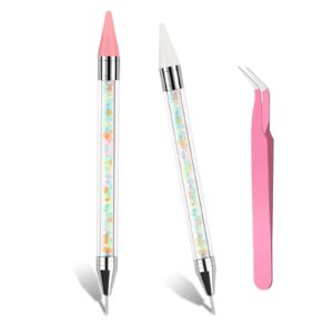 Nail Rhinestone Picker Tool,PLOSRES 2Pcs Dual-Ended Wax Pencil for Rhinestones Diamond Painting Pen Nail Applicator Picker DIY Nail Dotting Pen with Tweezer, Nail Art Pen for Gems, Stones, Crystals