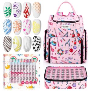 Saviland Nail Art Supplies Kit: 12 Colors 0.5mm Nail Polish Pens for Nail Art & 80 Bottles Nail Polish Organizer Bag Holds Nail Lamp & Manicure Tools