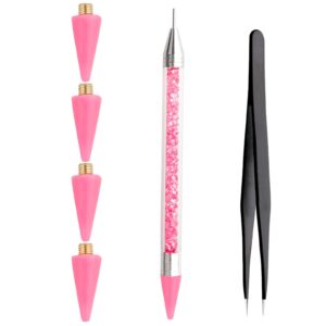 LLMSIX Rhinestones Picker Tool, Dual-Ended Wax Pencil Pen Rhinestone Picker Dotting Pen Rhinestones Applicator with 4 Wax Tips and Twizzer for Gem Stone Jewelry Nail Art DIY Craft (Pink)
