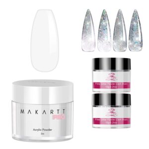 Makartt Acrylic Powder 2oz Clear Bundle with Makartt 2 Jars Chunky Glitter and Fine Glitter Set Silver Chome Nail Powde 10g Acrylic Nail Powder Professional Colored Acrylic Nail Supplies